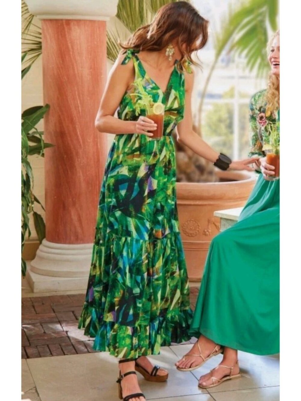 Soft Surroundings Dress Maxi TROPICAL Cruise Island Botanica Dress Tiered Sz L